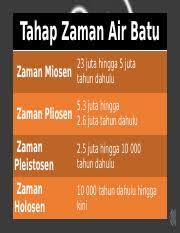 Sejarah tingkatan 1 kssm bab 2 : Miosn Pptx Tahap Zaman Air Batu Zaman Miosen 23 Juta Hingga 5 Juta Tahun Dahulu Zaman Pliosen 5 3 Juta Hingga 2 6 Juta Tahun Dahulu Zaman Pleistosen Course Hero