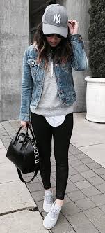 Street Style Obsession Hat Denim Jacket Bag Sweatshirt Skinnies Sneakers Black Leggings Outfit Outfits With Leggings Casual Outfits