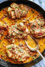 Skillet Chicken Thighs In Sundried Tomato Parmesan Cream Sauce Chicken Skillet Recipes Easy Chicken Recipes Skillet Chicken Thighs