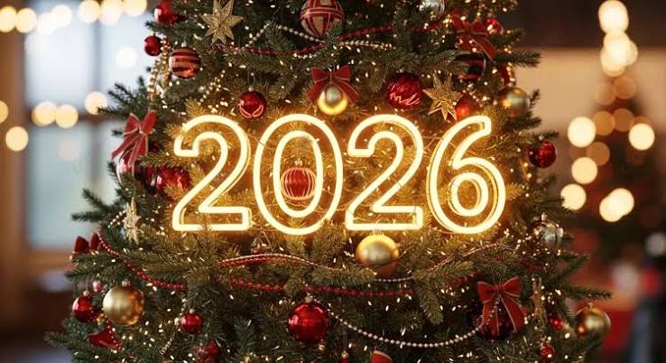 Christmas Tree Celebrating 2026 New Year With Decorations And Festive Lights Background, Gold 2026, Elegant Tree, Red Ornaments Background Image And Wallpaper for Free Download