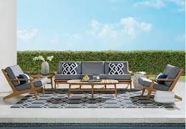 Cindy Crawford Home Sydney Teak 4 Pc Outdoor Seating Set With Denim Cushions Outdoor Seating Sets Outdoor Seating Set Outdoor Seating Outdoor Seat Cushions