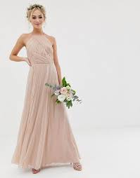 Asos Design Bridesmaid Pinny Maxi Dress With Ruched Bodice Pink Asos Bridesmaid Dress Affordable Bridesmaid Dresses Lace Bridesmaid Dresses