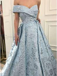 A Line Off The Shoulder Sweep Train Light Blue Printed Prom Dress Light Blue Prom Dress Gowns Prom Dresses Blue