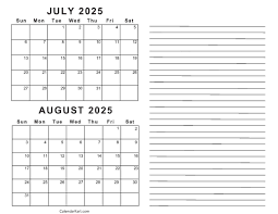 Free Printable July August 2025 Calendar | Calendarkart