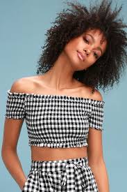 Black And White Checkered Off The Shoulder Top Plaid And Boujee Black And White Gingham Crop Top Crop Tops Gingham Cropped