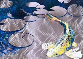 Fish wall art fish art metal gear hana beach interior design elephant home decor recycling driftwood wall art leaf stencil. Aluminum Print Koi Fish Print On Metal Fish Art Yellow Blue Green 3d Painting Of Koi Fish A Painting By Sasha Toporovsky