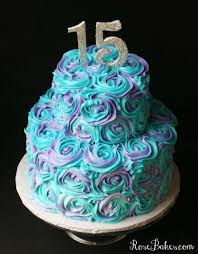 15th Birthday Cake Design For 15 Year Old Boy Teal Lavender Swirled Buttercream Roses 15th Birthday Cake Rose Bakes 15th Birthday Cakes 16 Birthday Cake Birthday Cake Roses