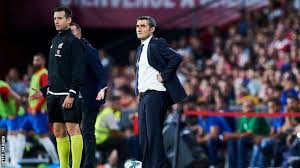Barcelona's coach ernesto valverde leaves joan gamper training camp, as the team's logo is reflected on the window of his car. Can Barcelona Boss Ernesto Valverde Survive Champions Miserable Away Form Bbc Sport