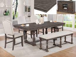 Rustic grey dining table set with bench. 2270t 6 Pc Regent Rustic Grey Finish Wood Trestle Base Dining Table Set With Bench