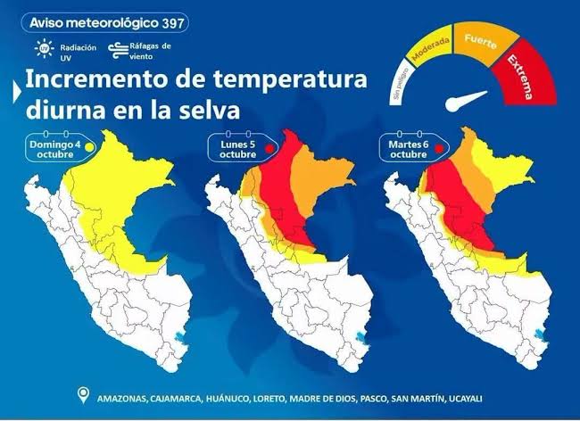 🔴🚨🌡️ #AVISO | SENAMHI ALERTA POR INCREMENTO DE TEMPERATURAS EN LA SELVA DEL 4 AL 6 DE OCTUBRE 🌞🌡️ Del 4 al 6 de octubre, se prevé un incremento de la temperatura diurna en la selva peruana, acompañado