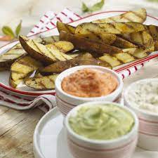 Potato Recipes Grilled Potato Dippers With A Trio Of Sauces Recipe Grilled Potatoes Recipes Bbq Dishes