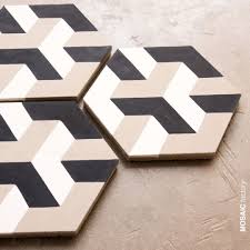 Black And White Geometric Tile Hexagonal Cement Tile With Black White And Beige Geometric Tile Pattern From Mosaic Factor Geometric Tile Pattern Tile Design Pattern Geometric Tiles Bathroom