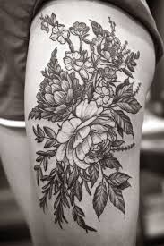 Black And White Floral Thigh Tattoo Floral Thigh Piece By Alice Carrier At Wonderland Flower Thigh Tattoos Thigh Tattoo Designs Botanical Tattoo