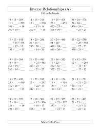 Inverse Relationships Multiplication And Division 10 25 Math Worksheets Algebra Worksheets Inverse Operations