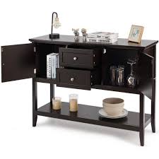 Both have drawers, shelves, and compartments to provide what's needed at the dining table or the kitchen table, whether its serveware, glassware, table linens, or bottles of wine. Costway Brown Wooden Sideboard Buffet Table Console Table With Drawers And Storage Cabinets Hw64005cf The Home Depot