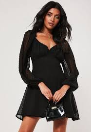 Black Dobby Long Sleeve Milkmaid Skater Dress In 2020 Mini Dress Women Dress Online Womens Black Dress