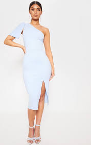 Baby Blue One Shoulder Bow Detail Midi Dress One Shoulder Dress Long Dresses Baby Blue Dresses