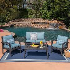 Noble House 4 Piece Wicker Patio Seating Set With Teal Cushions 40585 The Home Depot In 2020 Wicker Patio Set Patio Seating Sets Wicker Patio Furniture Set