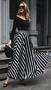 Black And White Maxi Skirt Outfit Click For Outfit Details Black And White Striped Maxi Skirt Black Off The Shoulder Bodysuit Black Embell Striped Maxi Skirts Tight Fitted Dresses Fashion