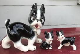 Vintage Happy Boston Terrier Dog Mother W 2 Pups On Chain Boston Terrier Dog Terrier Boston Terrier