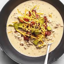 Keto Bacon Cheeseburger Soup With Pickles In 2020 Bacon Cheeseburger Soup Cheeseburger Soup Bacon Cheeseburger