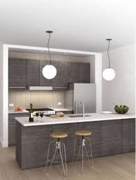 White farmhouse kitchen ideas with beige countertop and wooden island. Modern Small Grey Kitchen Design