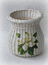 Decorative Woven Wicker Beige Flower Vasemagnolia Vaserustic Etsy Wicker Basket Decoration Paper Vase