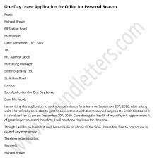 One Day Leave Application For Office For Personal Reason Application Letters Application Personal Leave