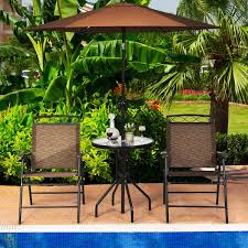 Lightweight white or tan plastic styles are easy to move from the patio to the poolside. Buy Giantex Patio Dining Set Round Glass Table With 2 Patio Folding Chairs Outdoor Table And Chairs For Garden Pool Backyard Tempered Glass Tabletop With Umbrella Hole Brown Online In Indonesia B0881trld6