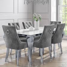 Depending on your budget, we also have a selection of sets that combine soft leather chairs and more muted, retro style plastic chairs with. 6 Seater Dining Set With White And Mirrored Table And Grey Velvet Chairs Jade Boutique Furniture123