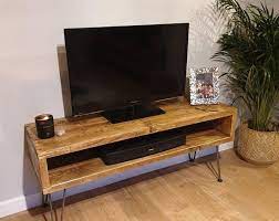 Reclaimed Tv Stand Solid Wood Tv Unit Console Gold Black Hairpin Industrial Legs 1000 Wood Tv Unit Reclaimed Wood Tv Stand Retro Tv Stand