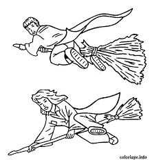 Nhân vật chính của phim, harry potter : Coloriage Hermione Et Ron Sur Leurs Balai Magique Dessin Harry Potter A Imprimer