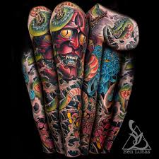 Black And Red Japanese Sleeve Tattoo Red Hannya Green Snake And Pink And Blue Chrysanthemums In Black And Grey Fingerwaves Japanese Sleeve Tattoo B Black And Blue Tattoo Blue Tattoo Sleeve Tattoos