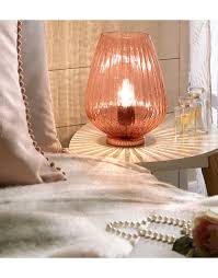 Flower bud shaped blush pink glass table lamp styled with a rose gold metal base. Pari Table Lamp Blush Pink Glass Flower Table Lamp