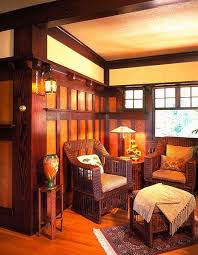 Sitting Room Den With Wicker Furniture In The Arts Crafts Mission Style Love The Wainscotin Wainscoting Styles Mission Style Homes Arts And Crafts Interiors