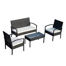 ensemble salon de jardin 4 places canape 2 fauteuils et table basse plateau verre trempe resine tressee 4 fils imitation rotin noir coussins blanc ensemble salon de jardin meubles en teck coussin blanc