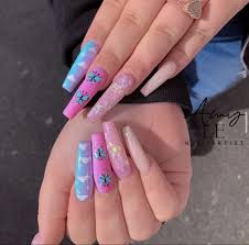 Colorful Pastel Coffin Pink And Blue Butterfly Glitter Aesthetic Cloud Acrylic Nails Bling Nails Acrylic Nails Nails Coffin nails stiletto nails acrylic set art nails.