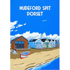 Mudeford Spit With Beach Huts Vintage Inspired Original Painting And Prints By Richard Watkin Www Wat Affiches De Voyage Affiche Vintage Illustration De Ville