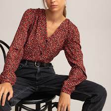 Blouses for women fashion 2021. Blouse Col V Manches Longues Imprime Animalier Imprime Fond Rouge La Redoute Collections La Redoute