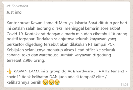 Check spelling or type a new query. Salah Pesan Berantai Kantor Pusat Pt Kawan Lama Ditutup Karena Salah Satu Direksi Meninggal Dan 10 Orang Karyawan Terpapar Covid 19 Turnbackhoax Id
