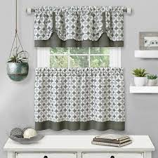 Kate Aurora Modern Geo 3 Pc Kitchen Curtain Tier Valance Set 56 In W X 24 In L Gray Curtains Kitchen Curtains Kitchen Window Curtains
