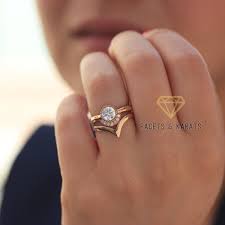 18k Rose Gold Bohemian Engagement Ring With Matching Nesting V Shaped Wedding Band Bridal Set Diamond Alternative Unique Wedding Rings Boho Engagement Ring Bohemian Engagement Ring Wedding Rings Unique