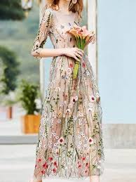 Print Dress Orange 3 4 Sleeve Floral Embroidery Paneled Crew Neck Summer All Season Natural Sligh Maxi Dress Evening Floral Print Dress Long Elegant Maxi Dress