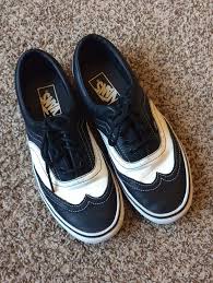 Black And White Wingtip Shoes Womens Era Black White Leather Vans Wingtip Wedding Skate Shoes Mens 7 Womens 8 5 Vans Skateboarding Maybe For Jem An White Leather Vans Wedding Vans Leather Vans