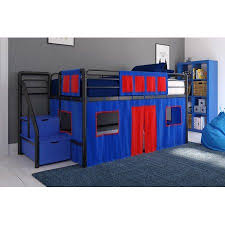 Dhp Junior Black Loft Bed With Blue Storage Steps And Blue Curtain Set Kid S Bundle Twin Walmart Com Kids Loft Beds Junior Loft Beds Loft Bed