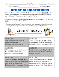 Order Of Operations Choice Board