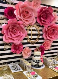Black And White Striped Backdrop With Flowers Kate Spade Inspired Paper Flowers Bridal Shower Decor Photo Birthday Party Decorations Paper Flowers Party Decorations