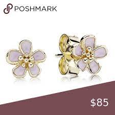 Pandora Pink Cherry Blossom Flower Stud Earrings Metal 18k Gold Plated Unique Metal Blend New With Flower Earrings Studs Flower Studs Pandora Jewelry Earrings