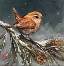 Beautiful Bird Paintings On Canvas Wren 8x8 Oil On Canvas Winter Bird Northern Bird Paintings On Canvas Original Fine Art Fine Art