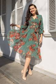 Kol Dikis Desenli Sifon Elbise Yesil Sifon Elbise Elbise Elbise Modelleri
